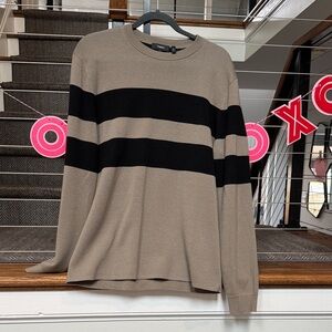 Theory Men's Beige and Black Striped Merino Wool Sweater